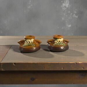 Roseville Pottery Freesia 1160-2 Candle Holders Pair Brown Vintage Art Pottery
